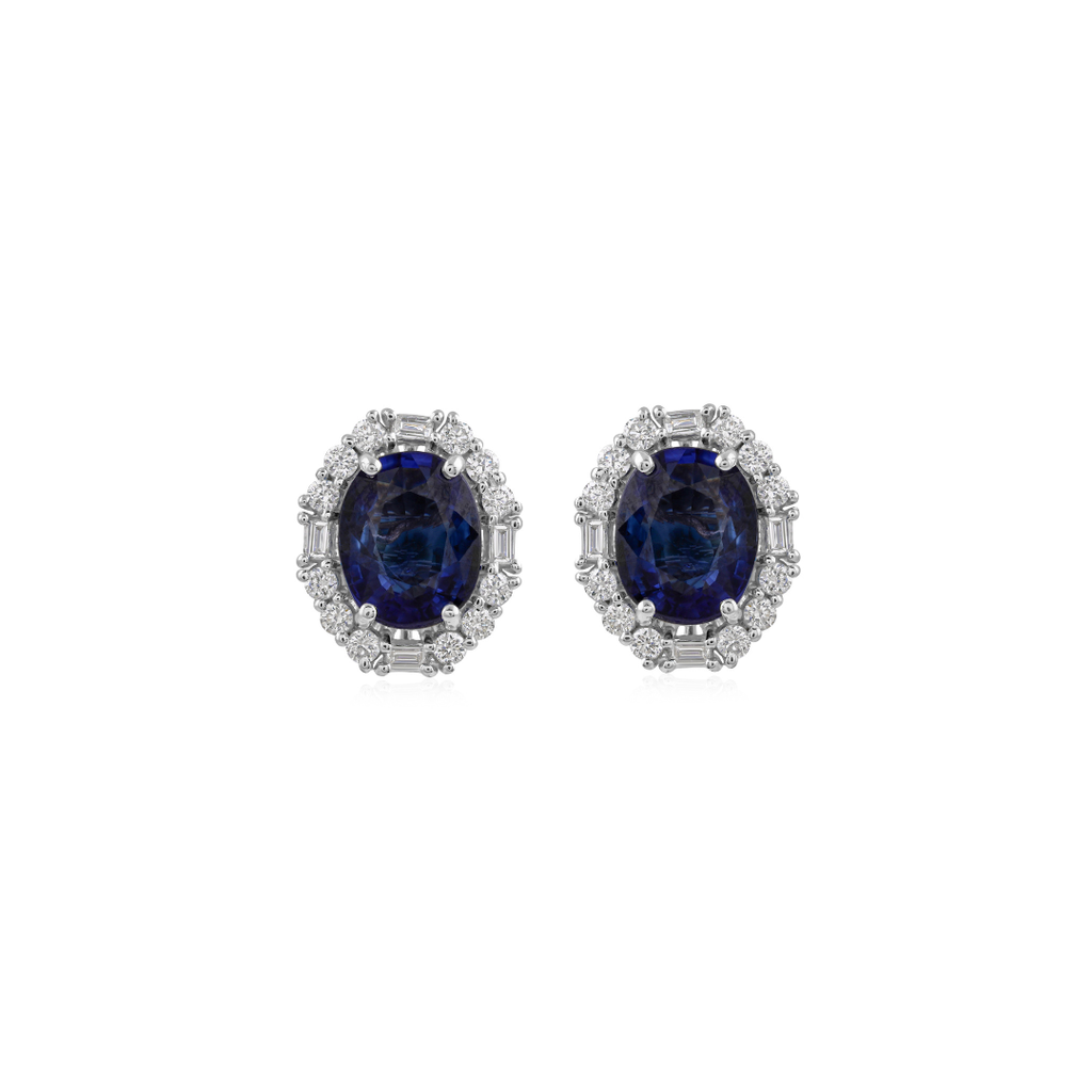Fine Gold Oval Cut Blue Sapphire and Diamond Halo Stud Earrings