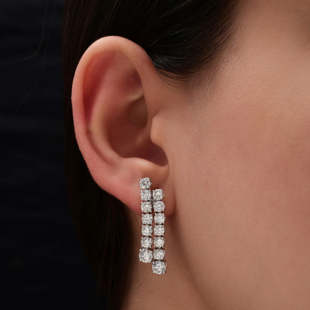 Exquisite Double Row Round Cut Natural Diamond Drop Earrings