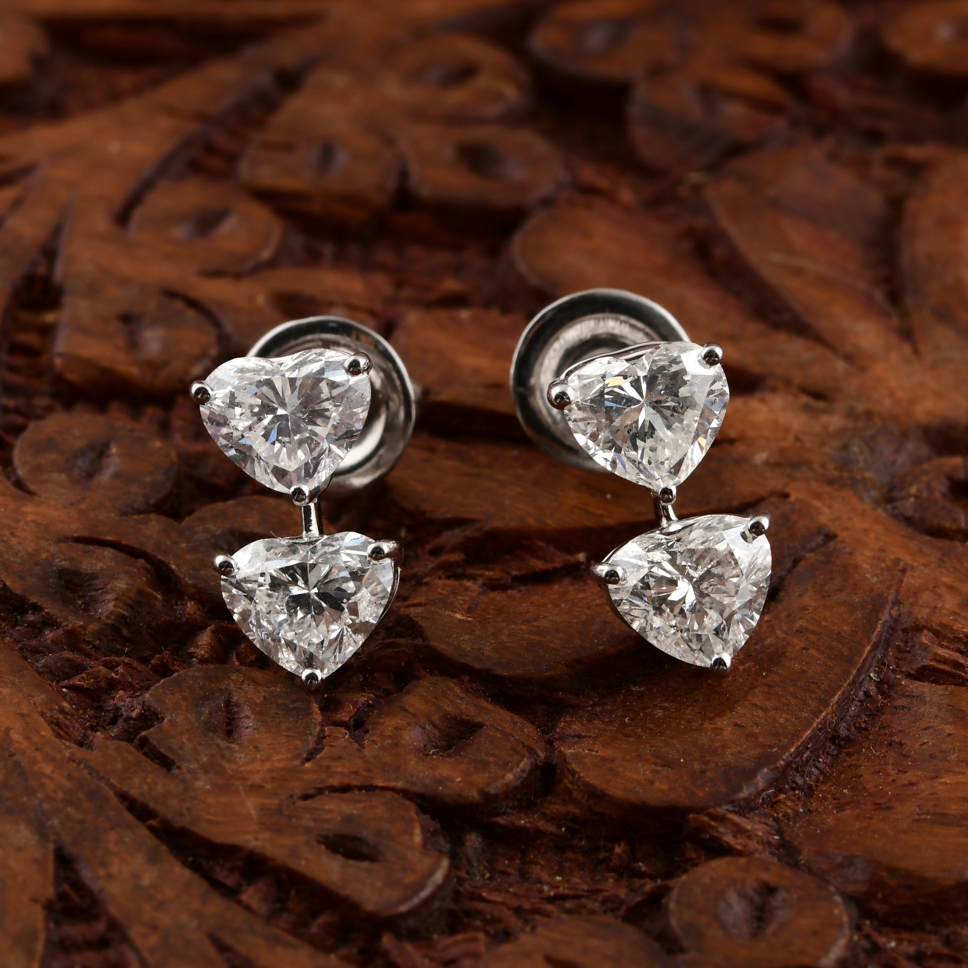 Genuine Fine Gold Twin Heart Shaped Diamond Drop Earrings