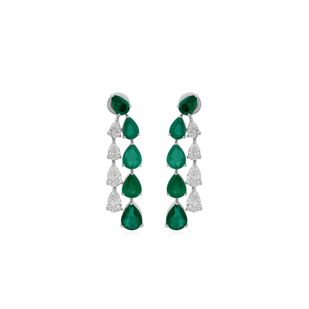 Pear Cut Zambian Emerald Natural Diamond Waterfall Dangle Drop Earrings