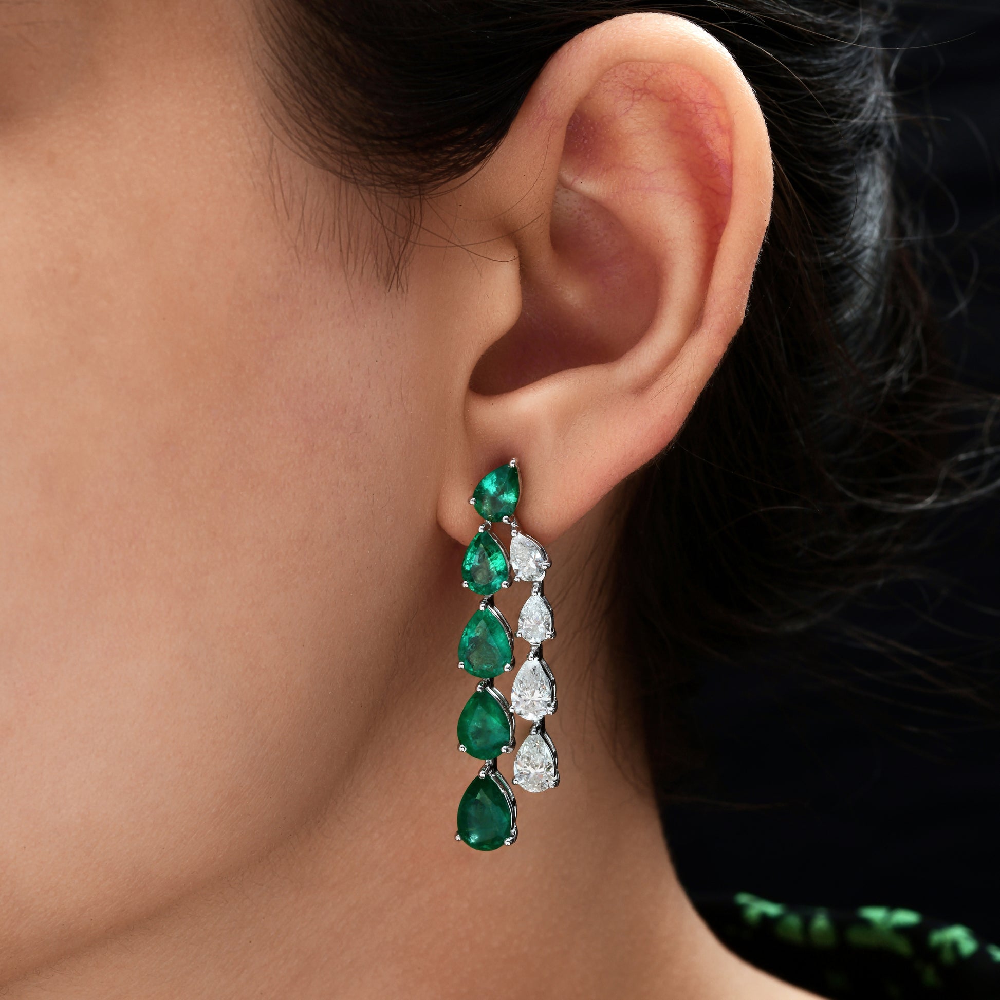 Pear Cut Zambian Emerald Natural Diamond Waterfall Dangle Drop Earrings
