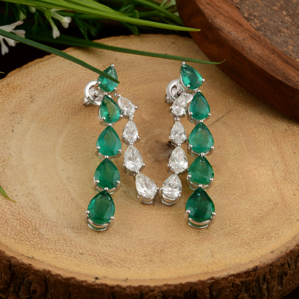 Pear Cut Zambian Emerald Natural Diamond Waterfall Dangle Drop Earrings