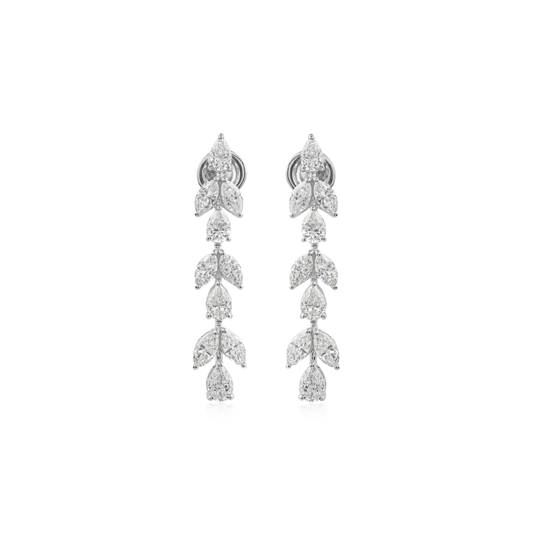 Floral Leaf Marquise & Pear Cut Natural Diamond Gold Drop Earrings