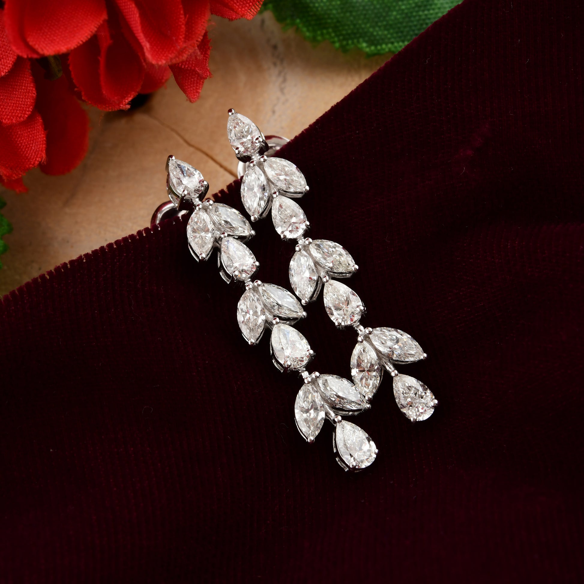 Floral Leaf Marquise & Pear Cut Natural Diamond Gold Drop Earrings