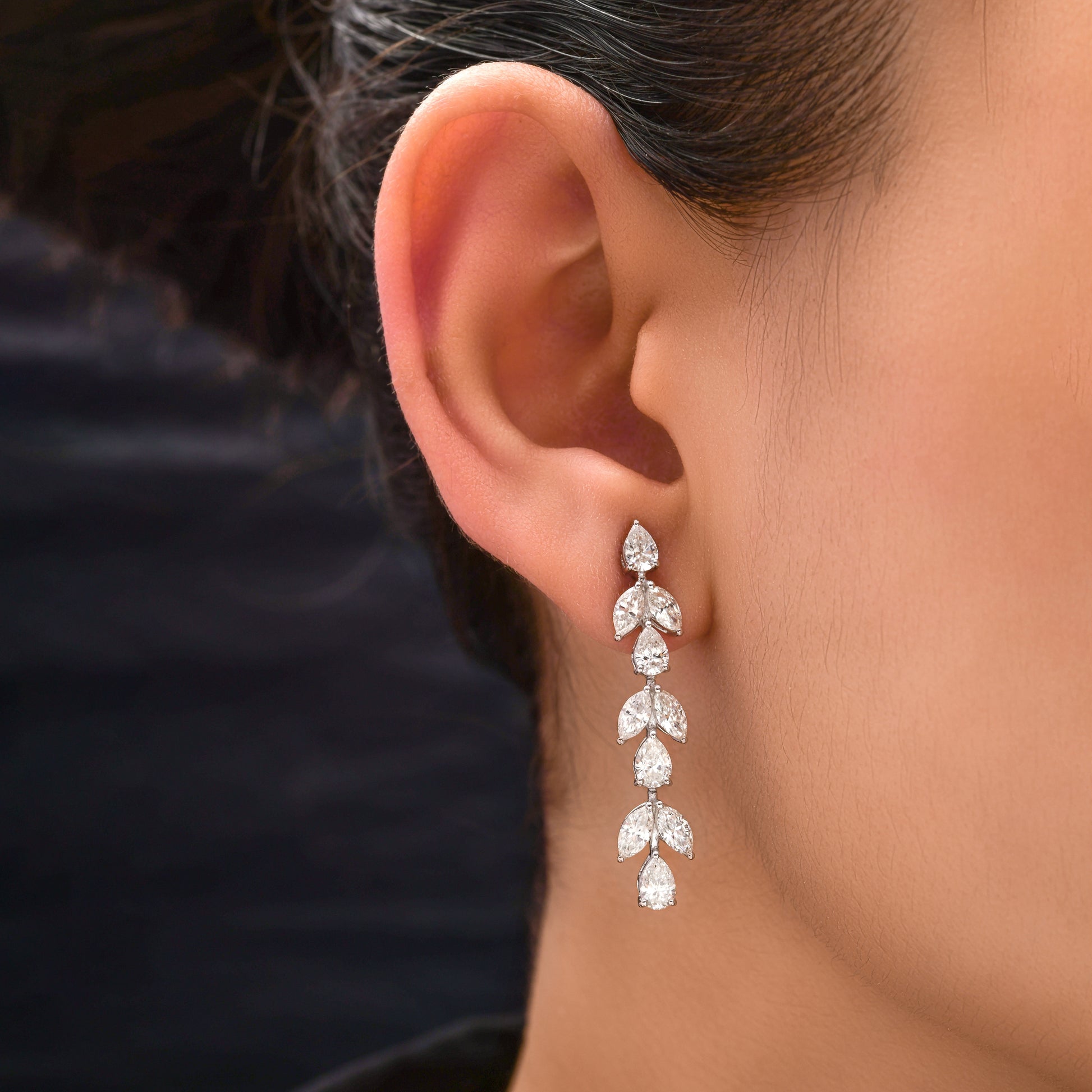 Floral Leaf Marquise & Pear Cut Natural Diamond Gold Drop Earrings