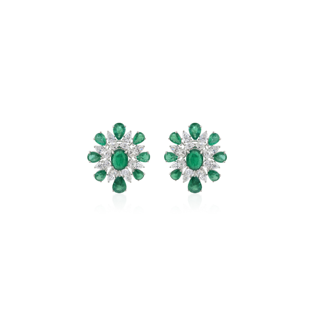 Zambian Emerald and Natural Diamond Floral Cluster Stud Earrings