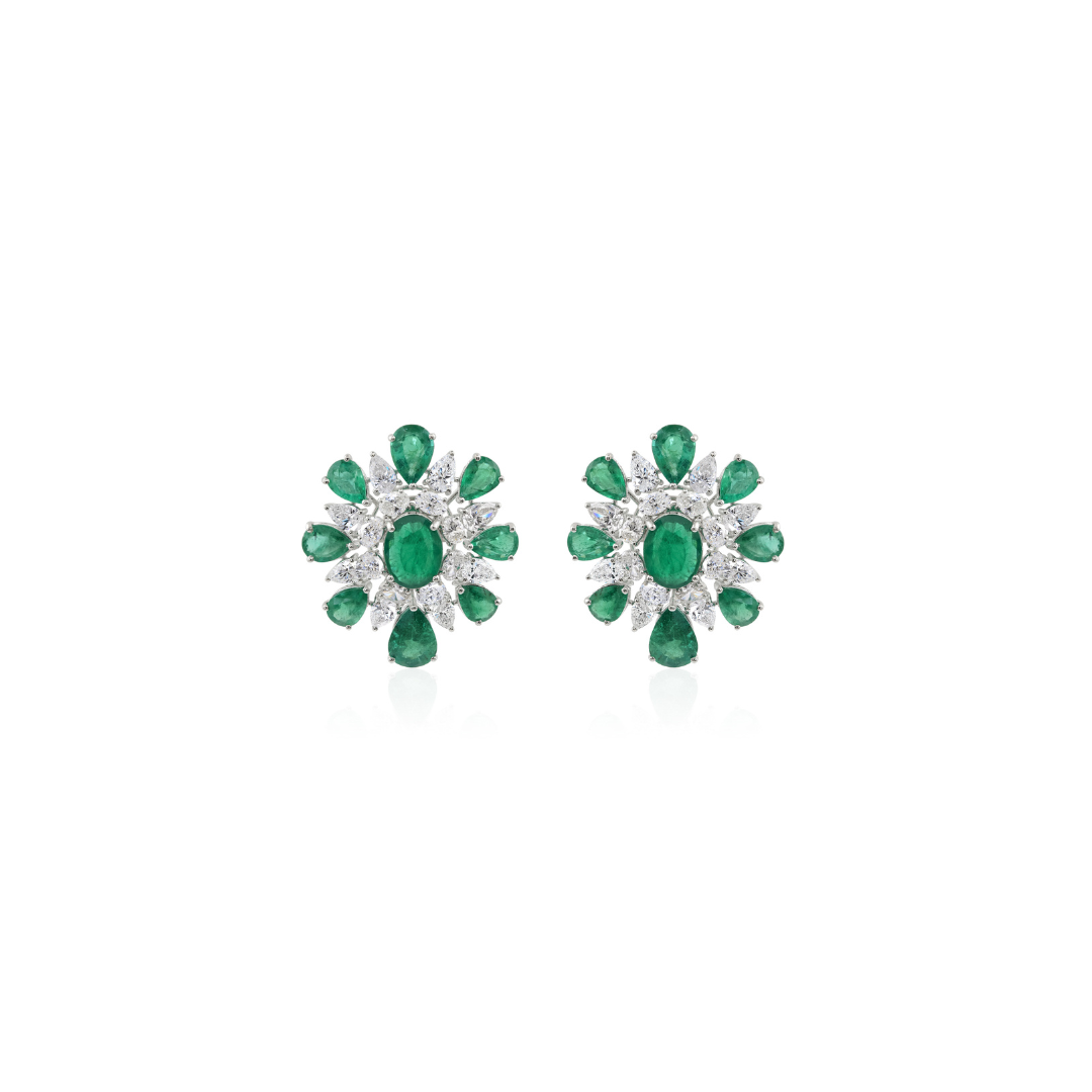 Zambian Emerald and Natural Diamond Floral Cluster Stud Earrings
