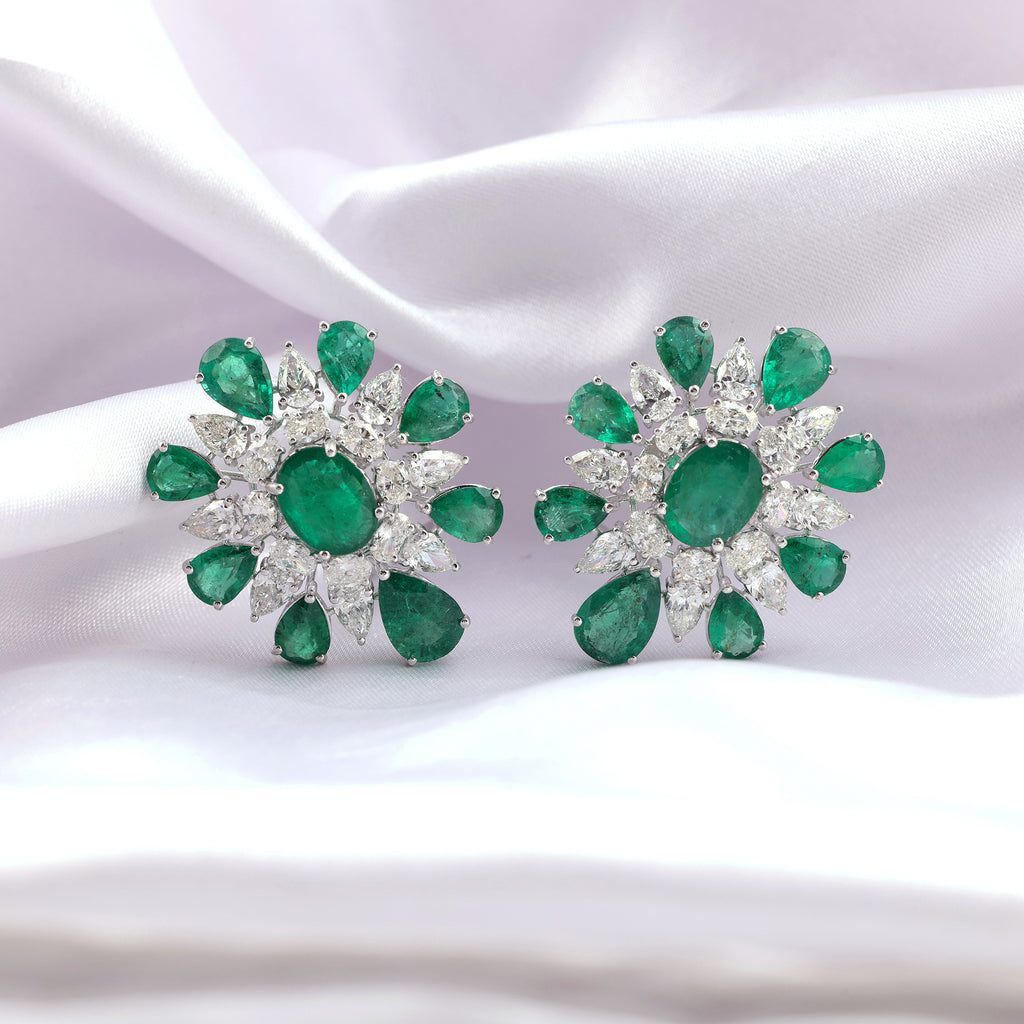 Zambian Emerald and Natural Diamond Floral Cluster Stud Earrings