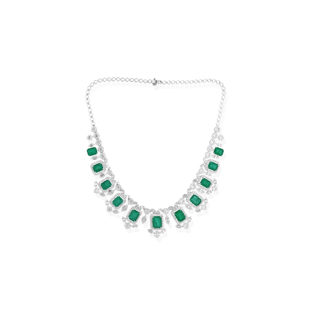 41.64 Tcw Zambian Emerald SI/H Baguette Diamond Cluster Necklace