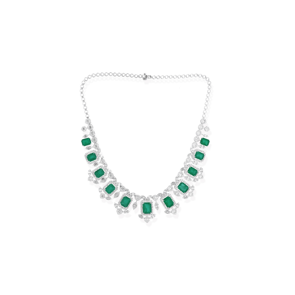 41.64 Tcw Zambian Emerald SI/H Baguette Diamond Cluster Necklace
