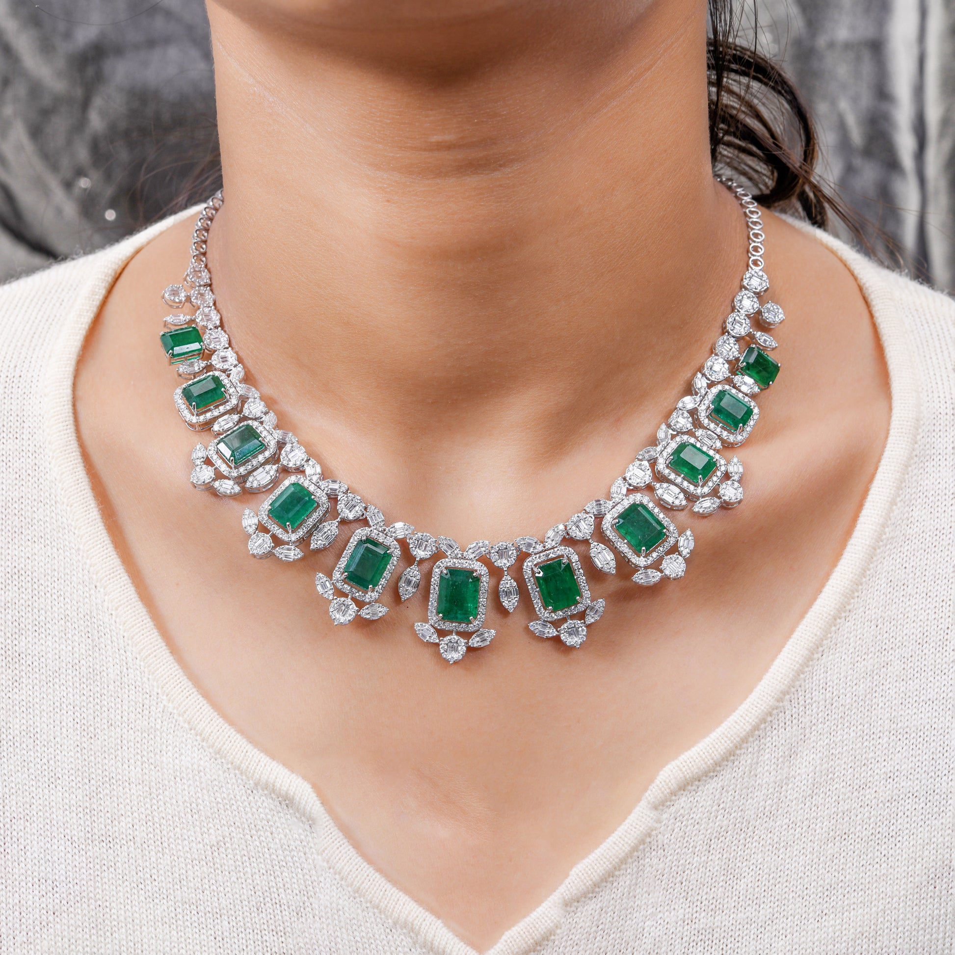 41.64 Tcw Zambian Emerald SI/H Baguette Diamond Cluster Necklace