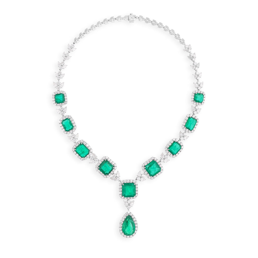 Bridal Natural Zambian Emerald Diamond Halo Fine Gold Drop Necklace