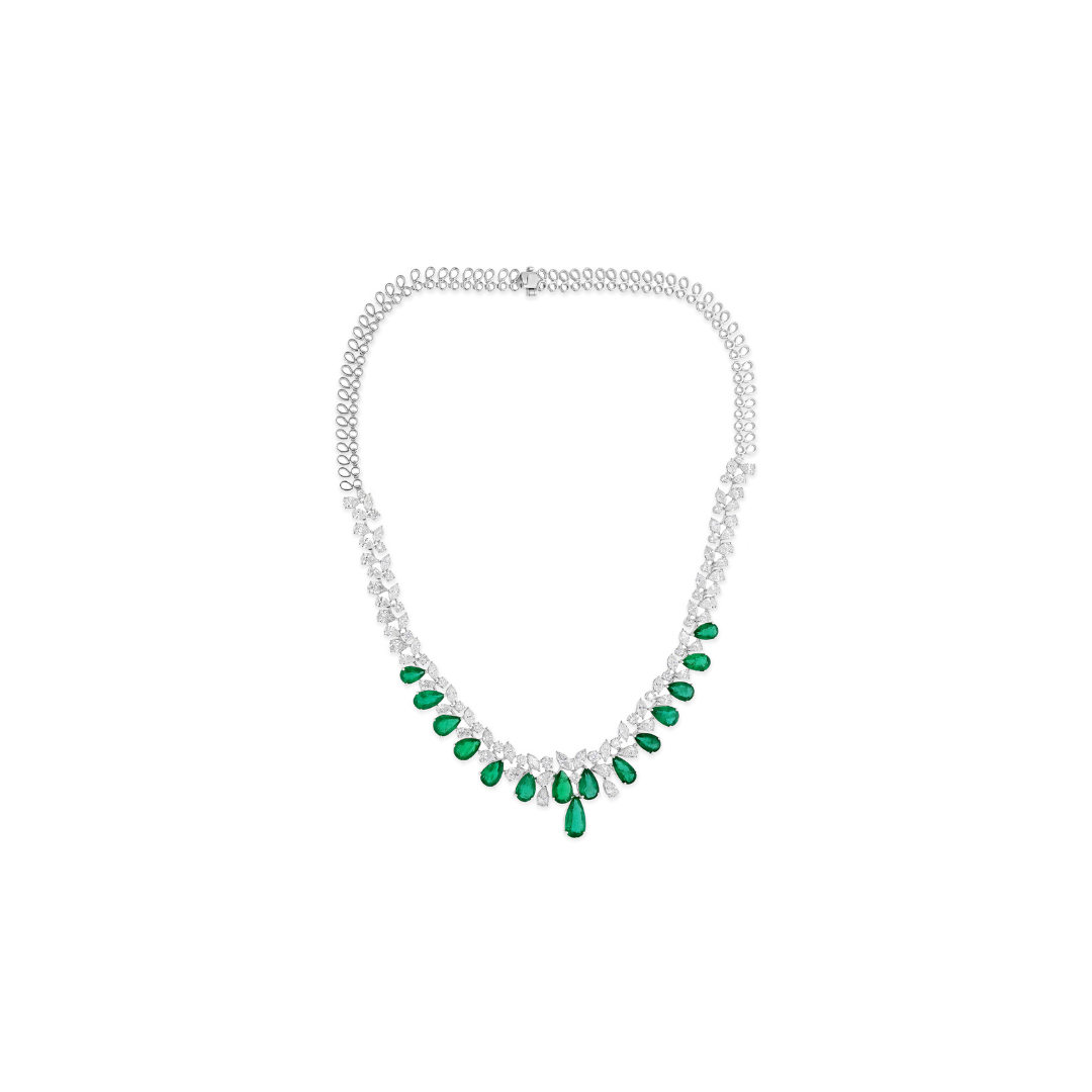 26.83 Tcw Natural SI/HI Diamond Zambian Emerald Statement Necklace