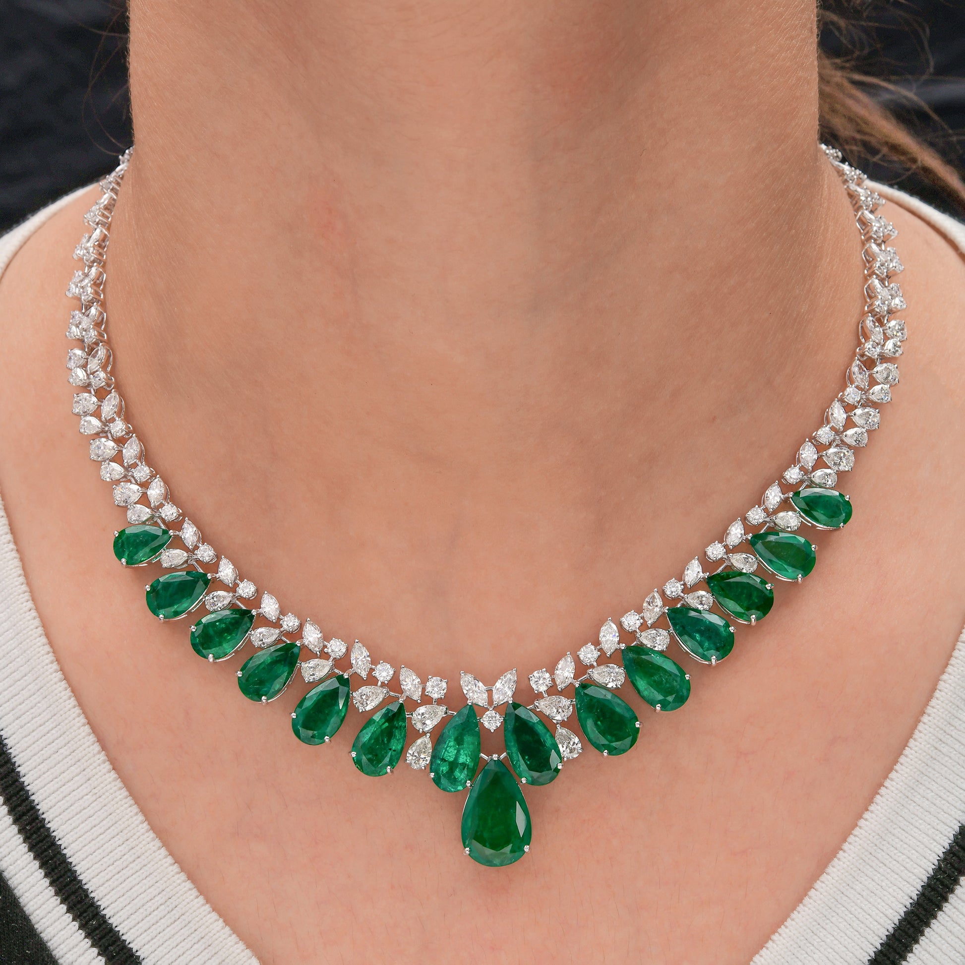 26.83 Tcw Natural SI/HI Diamond Zambian Emerald Statement Necklace