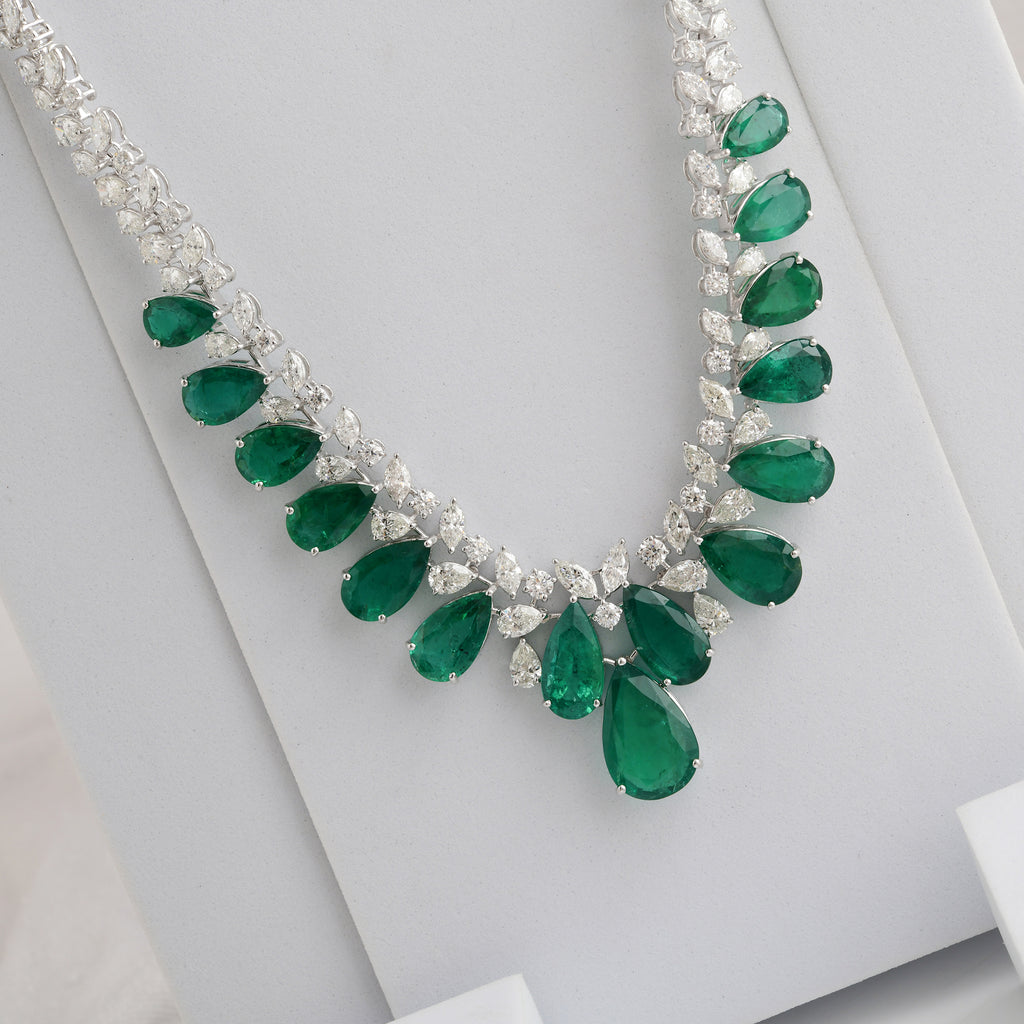 26.83 Tcw Natural SI/HI Diamond Zambian Emerald Statement Necklace
