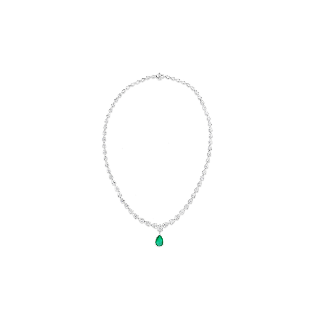 17.73 Ct Teardrop Emerald Pendant with Pear Cut Diamond Tennis Necklace