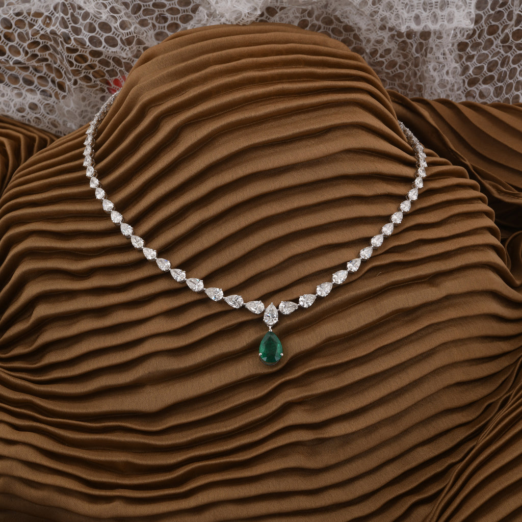 17.73 Ct Teardrop Emerald Pendant with Pear Cut Diamond Tennis Necklace