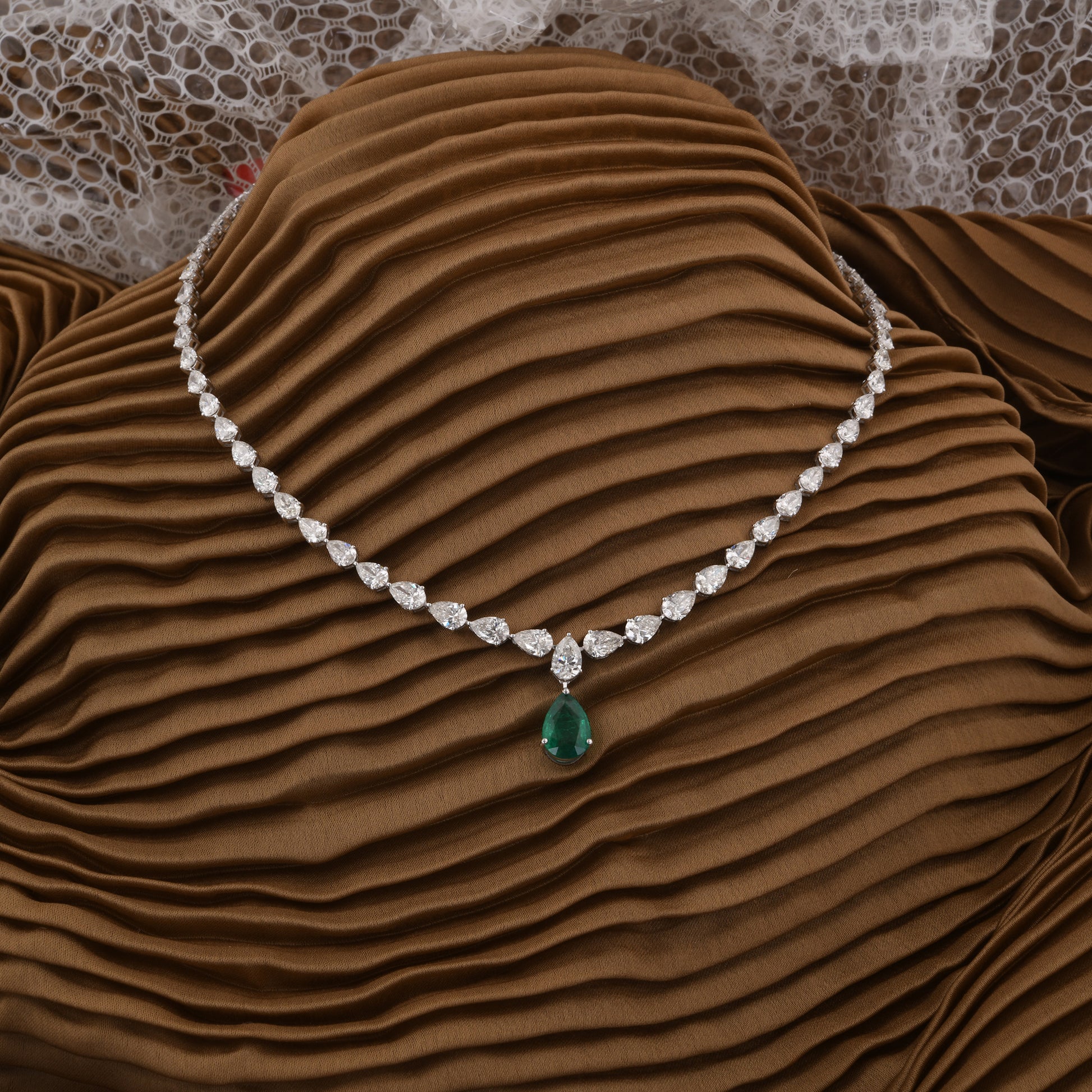 17.73 Ct Teardrop Emerald Pendant with Pear Cut Diamond Tennis Necklace