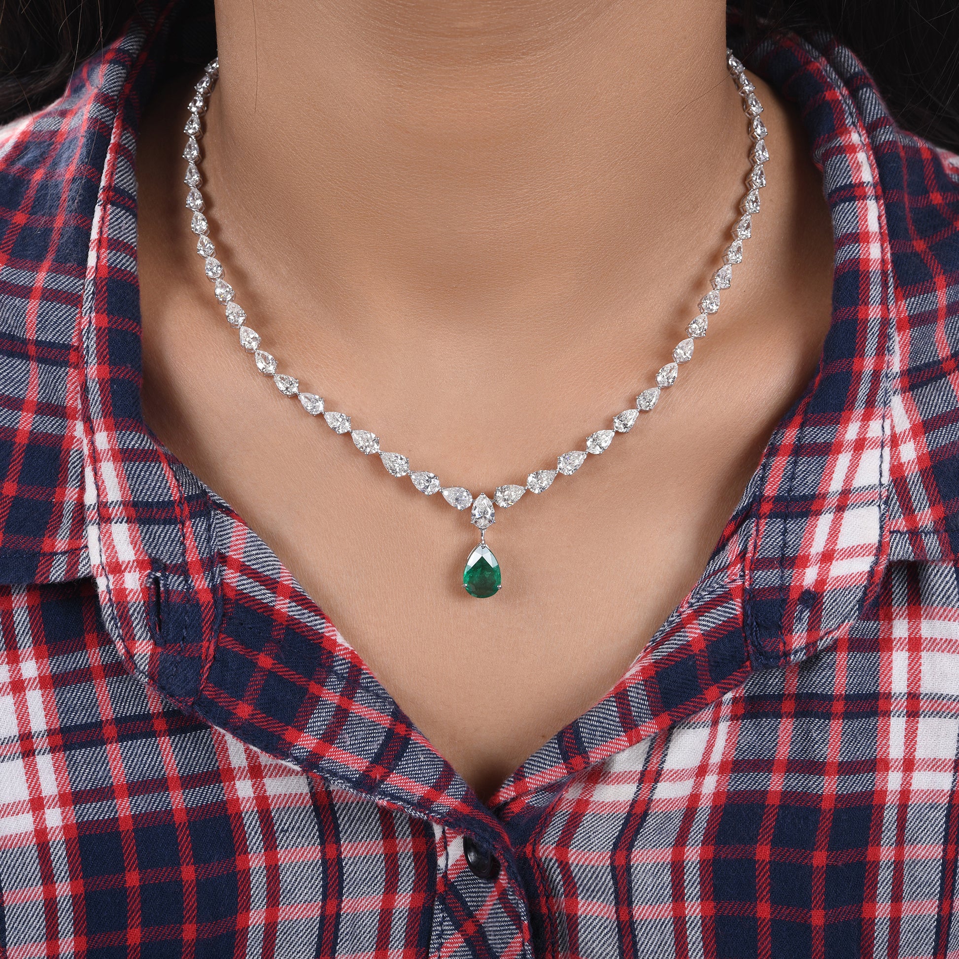 17.73 Ct Teardrop Emerald Pendant with Pear Cut Diamond Tennis Necklace