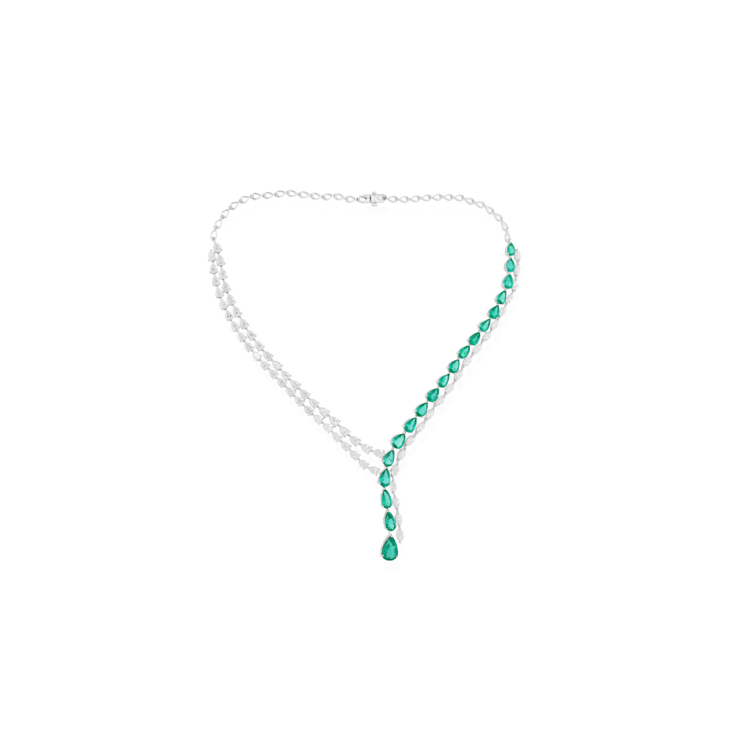 30.26 Tcw Natural SI/H Pear Marquise Cut Diamond & Emerald Lariat Necklace