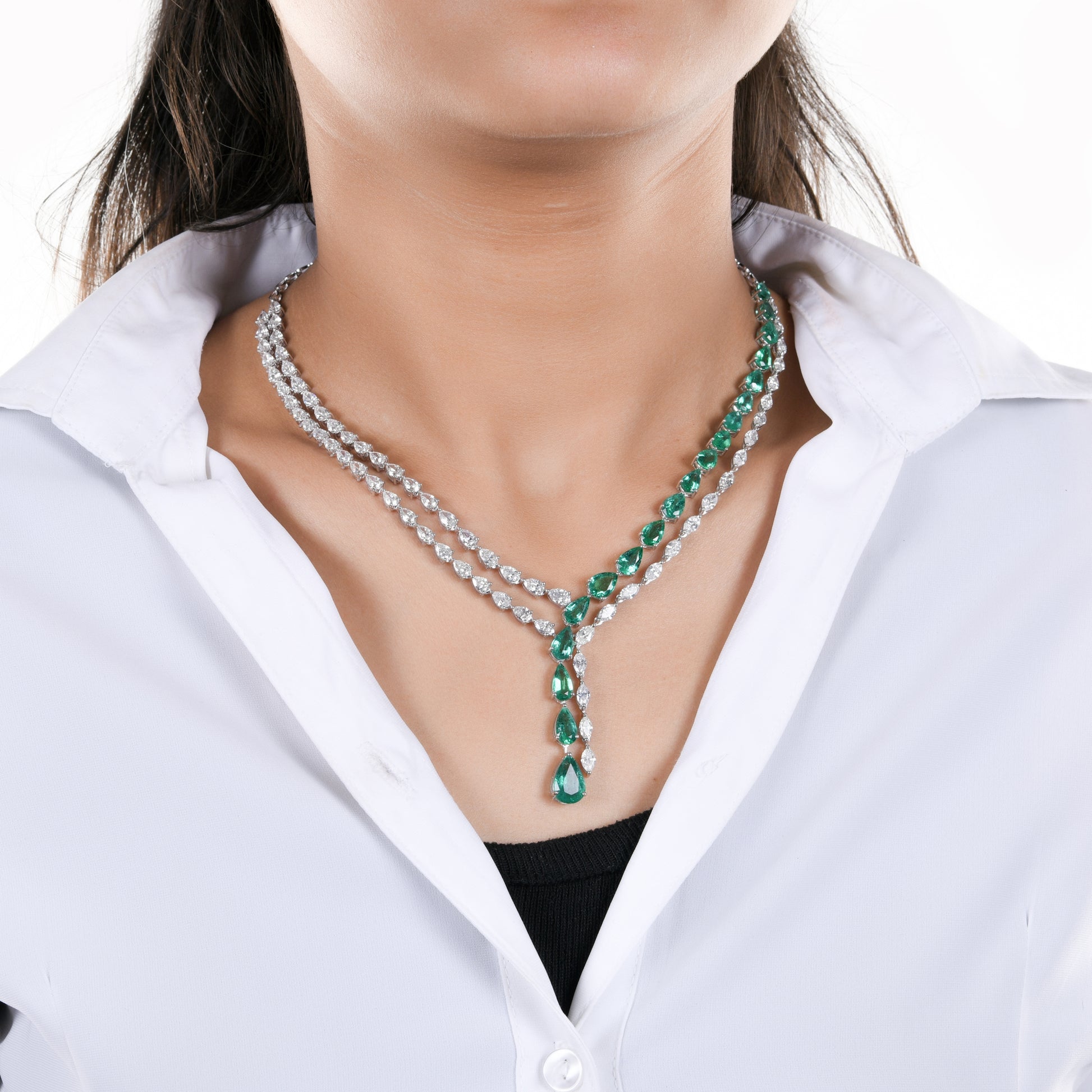 30.26 Tcw Natural SI/H Pear Marquise Cut Diamond & Emerald Lariat Necklace