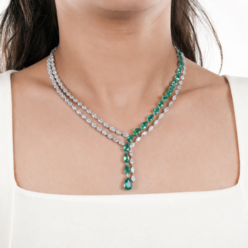 Natural Pear Marquise Cut Diamond Emerald Lariat Necklace