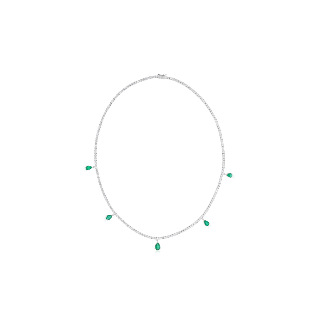 7.57 TCW Zambian Teardrop Dangle Emerald H/SI Diamond Necklace