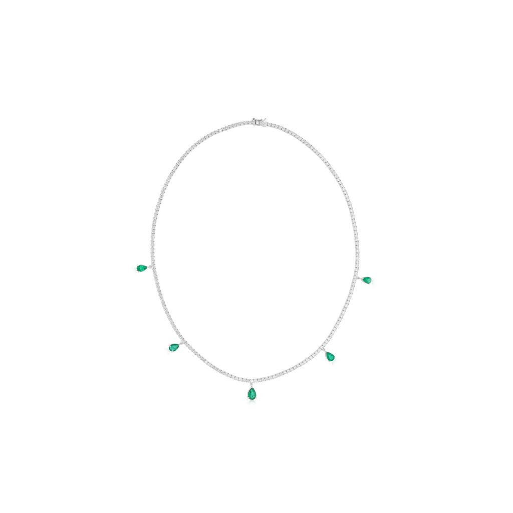 7.57 TCW Zambian Teardrop Dangle Emerald H/SI Diamond Necklace