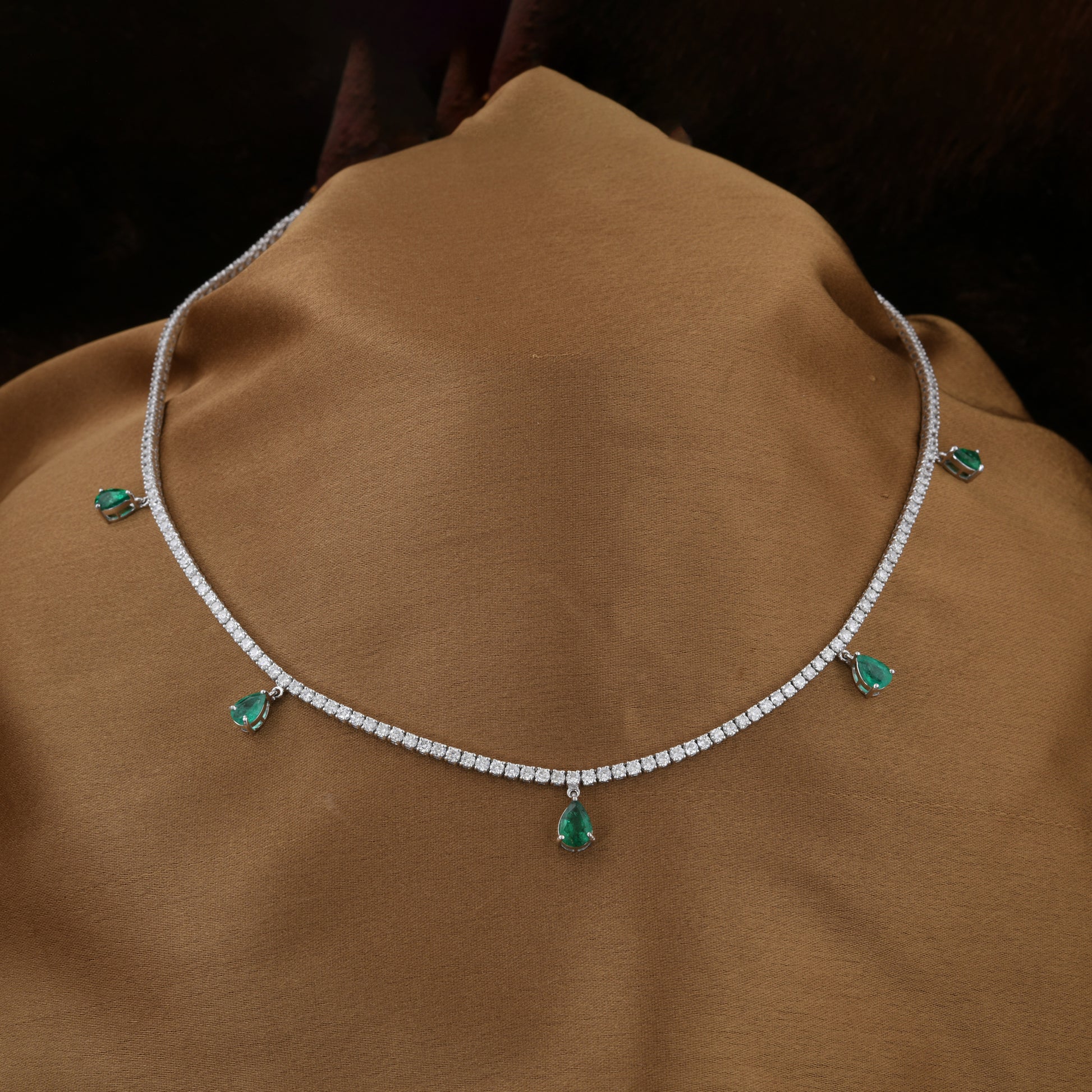 7.57 TCW Zambian Teardrop Dangle Emerald H/SI Diamond Necklace