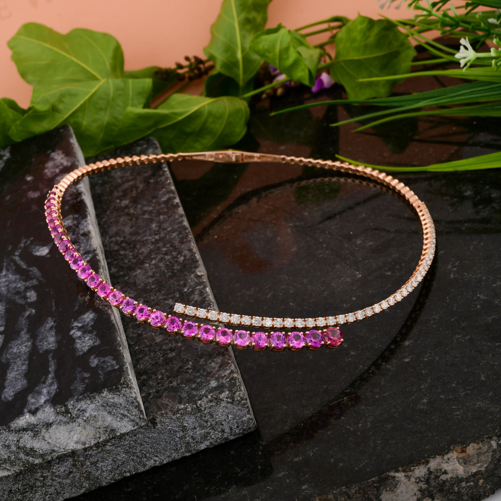 16.72 Tcw Round Cut Pink Sapphire HI/SI Diamond Choker Necklace