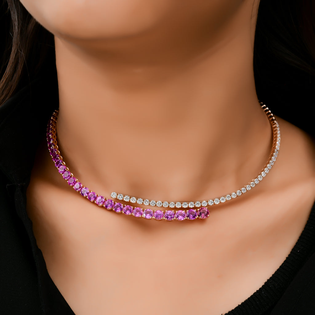 16.72 Tcw Round Cut Pink Sapphire HI/SI Diamond Choker Necklace