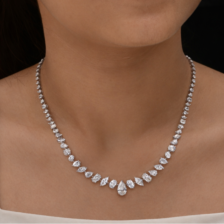 Exquisite Marquise and Pear Diamond Solid Gold Tennis Necklace