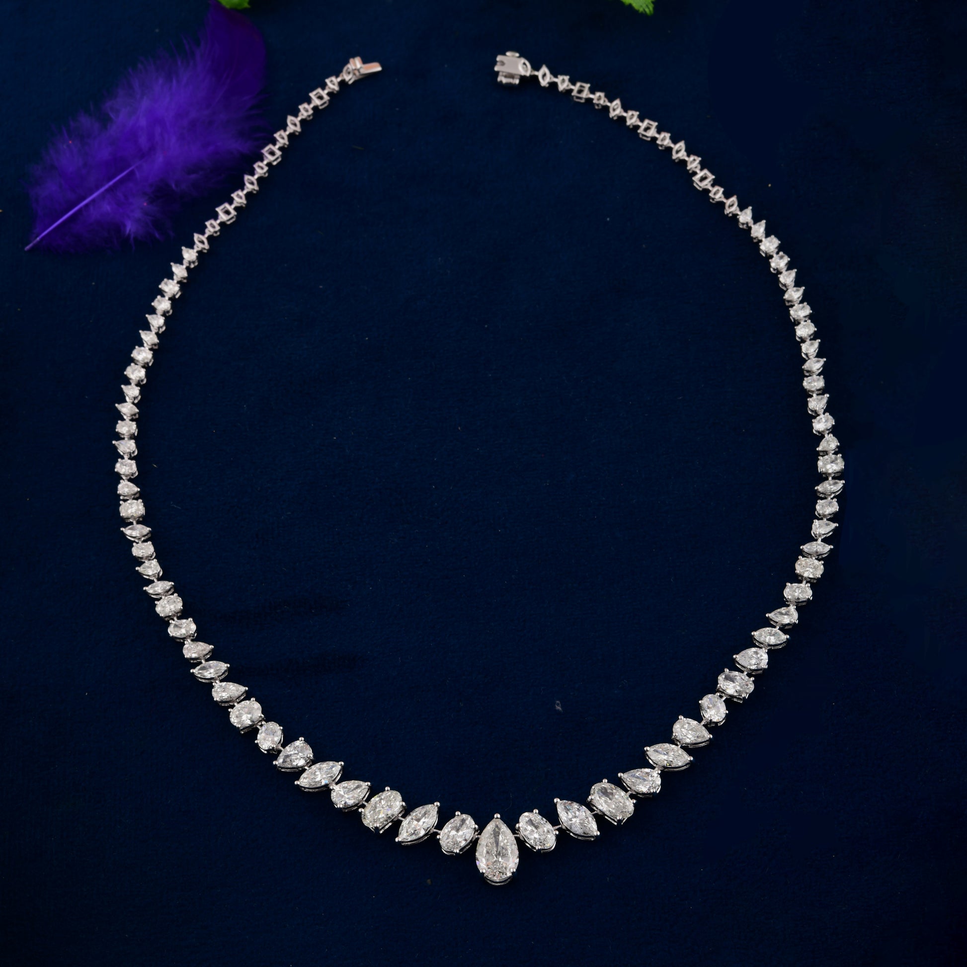 Exquisite Leaf Inspired Marquise and Pear Diamond Solid Gold Tennis Necklace