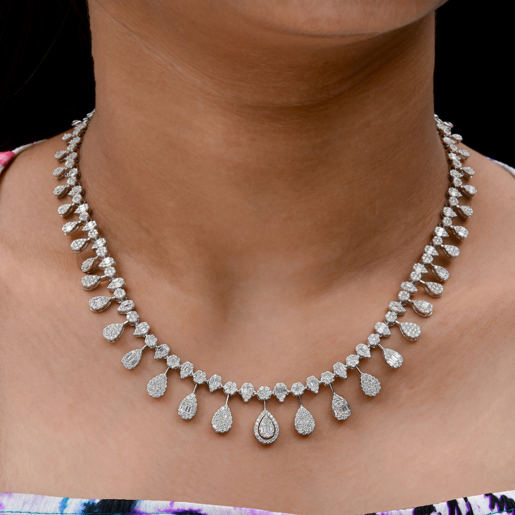 6.35 Ct SI/H Round Baguette Cut Diamond Collar Dangle Necklace