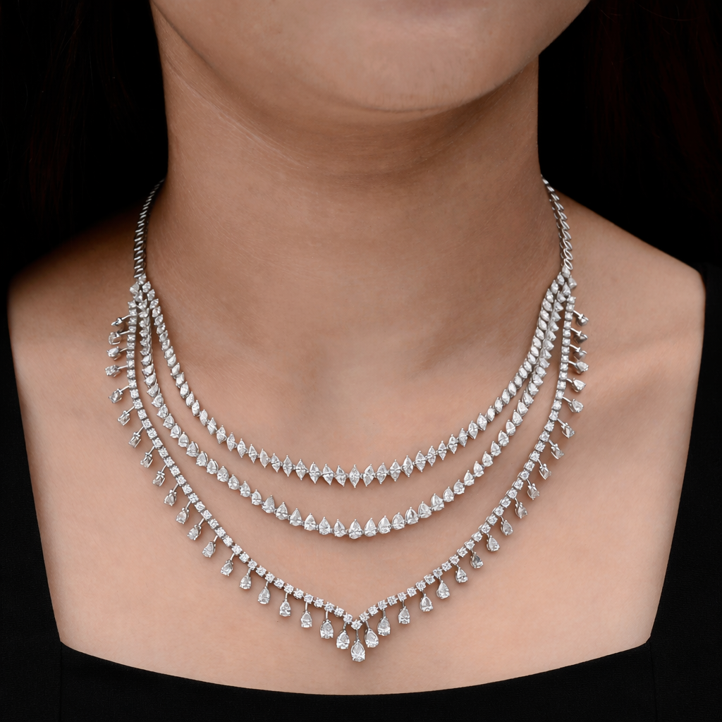 Fine Gold Multi Cut Natural Diamond Layered Wedding Necklace