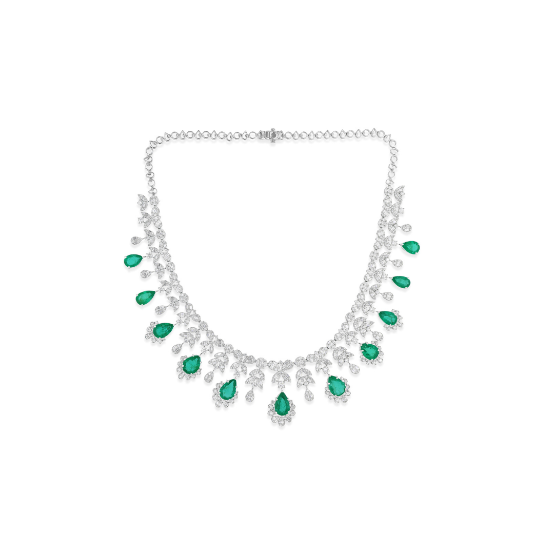 34.13 Tcw Natural Teardrop Zambian Emerald SI/HI Diamond Collar Necklace