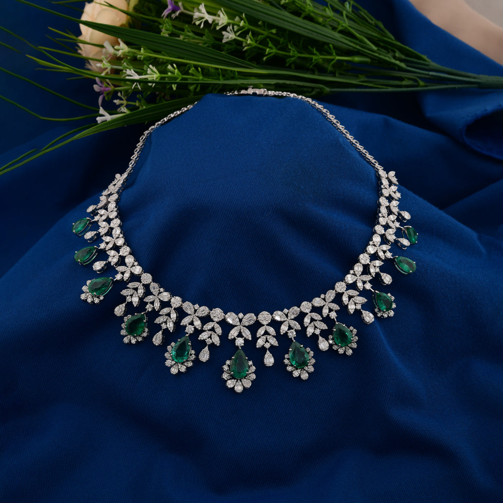 34.13 Tcw Natural Teardrop Zambian Emerald SI/HI Diamond Collar Necklace