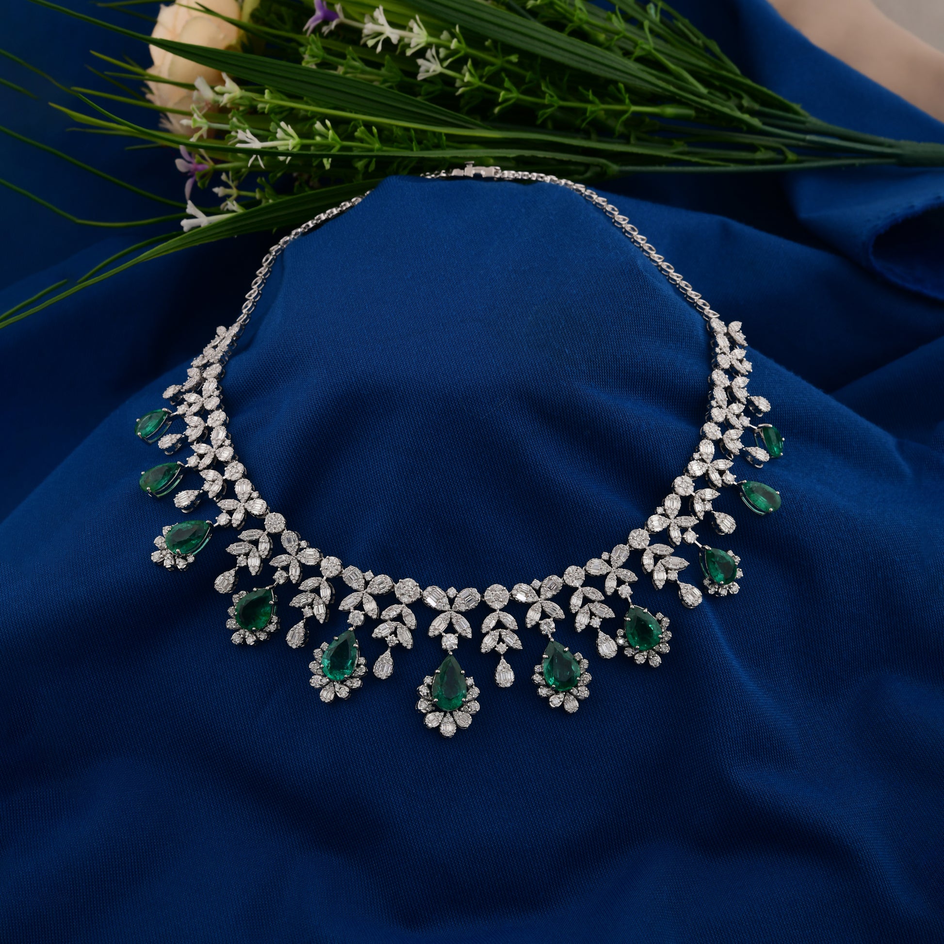 34.13 Tcw Natural Teardrop Zambian Emerald SI/HI Diamond Collar Necklace