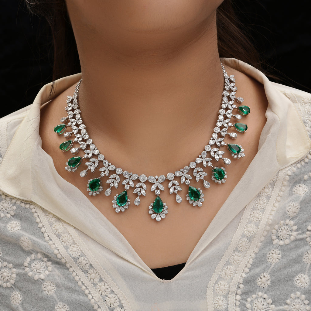 34.13 Tcw Natural Teardrop Zambian Emerald SI/HI Diamond Collar Necklace