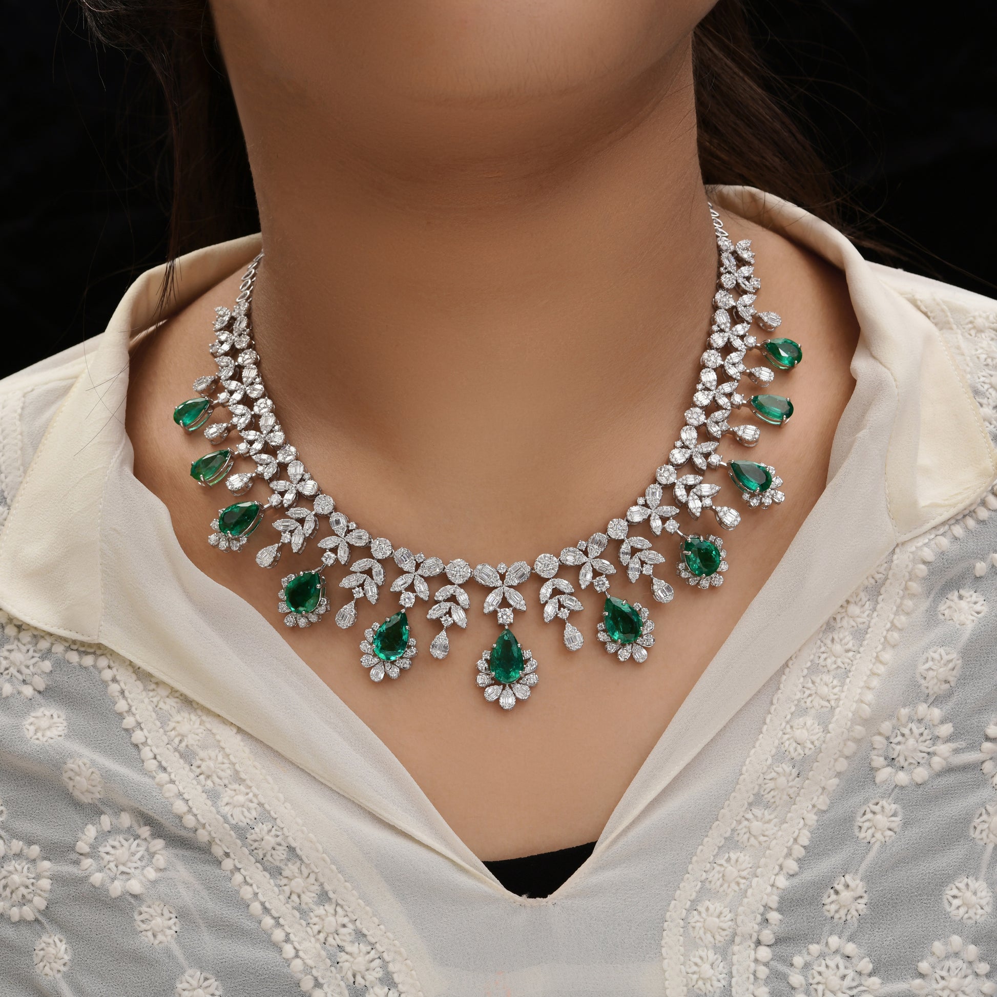 34.13 Tcw Natural Teardrop Zambian Emerald SI/HI Diamond Collar Necklace