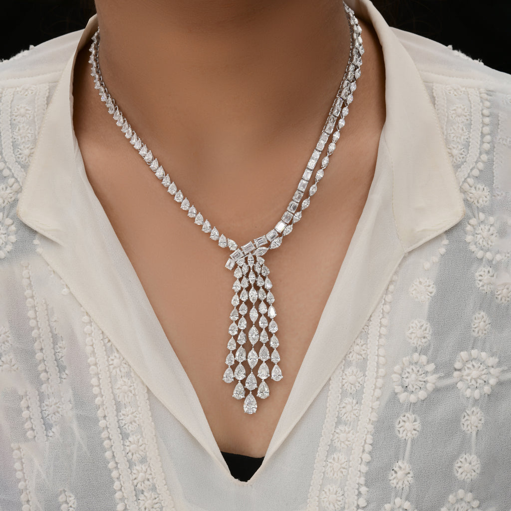33.17 Ct Natural SI/H Multi Shape Diamond Lariat Cascading Drop Necklace