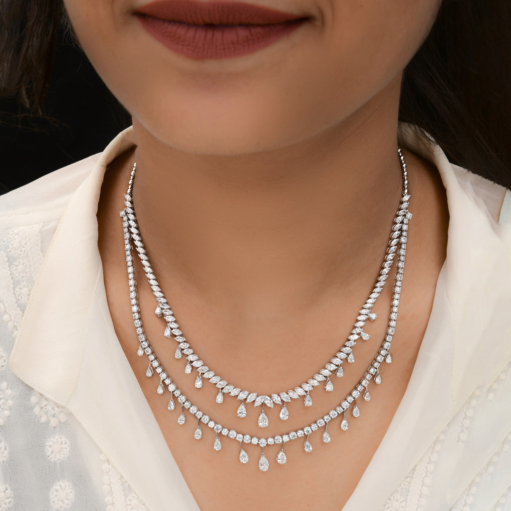 15.40 Ct Teardrop Diamond Layered Gold Necklace for Anniversary Gift