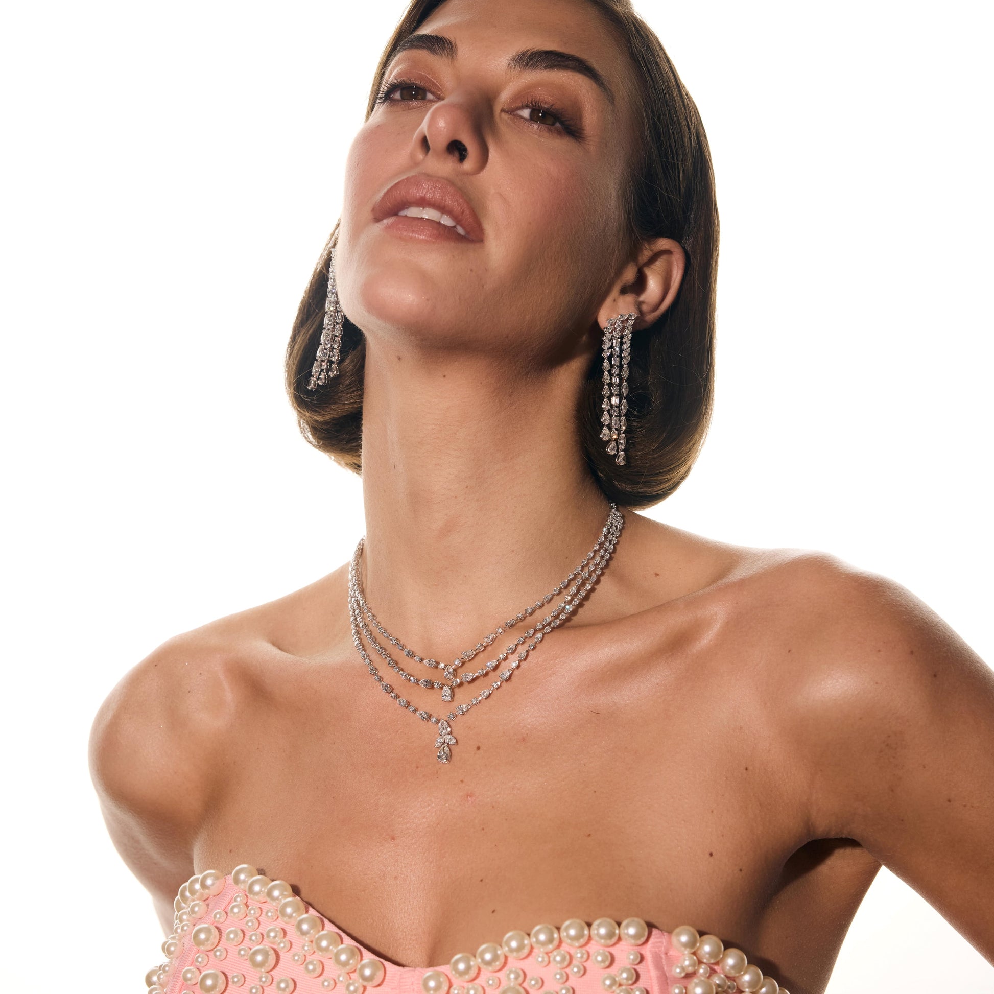 Exclusive Multi Layer Natural Diamond Gold Wedding Drop Necklace