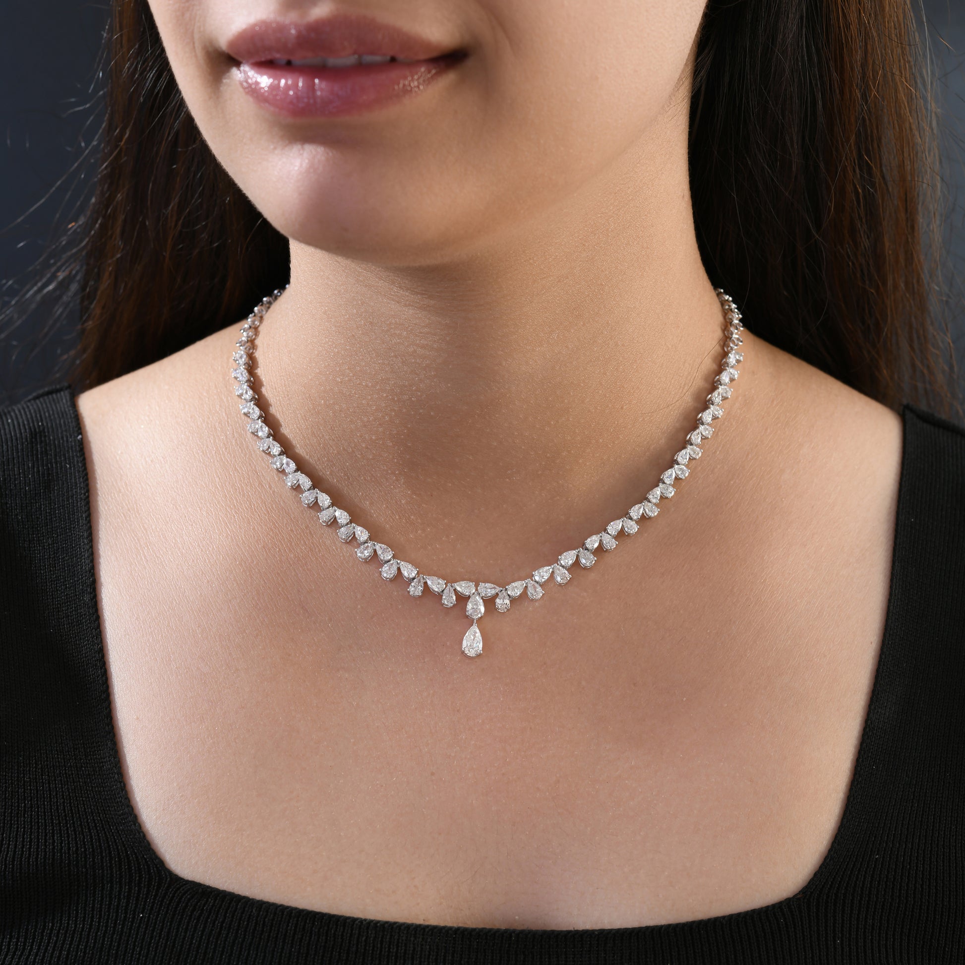 Timeless Diamond Drop Necklace with Pear Shaped Diamonds in Fine Gold