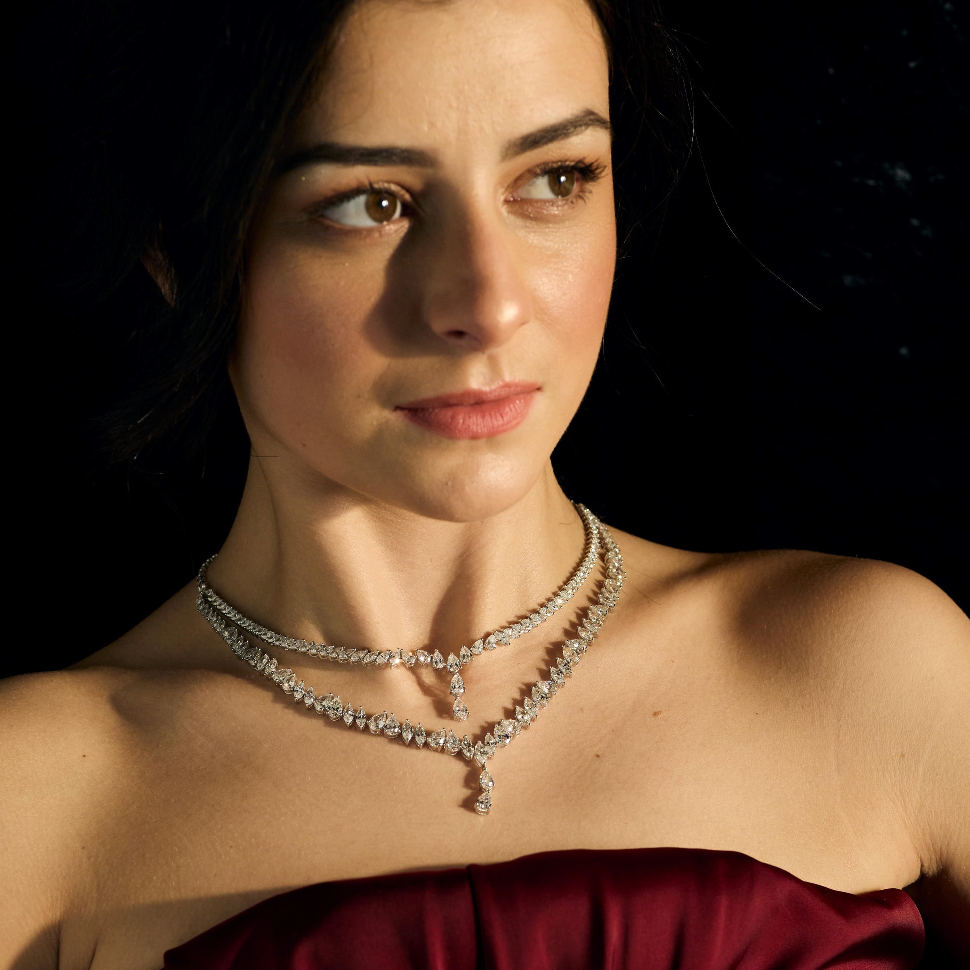 Certified Double Strand Pear Marquise Cut Natural Diamond Gold Necklace