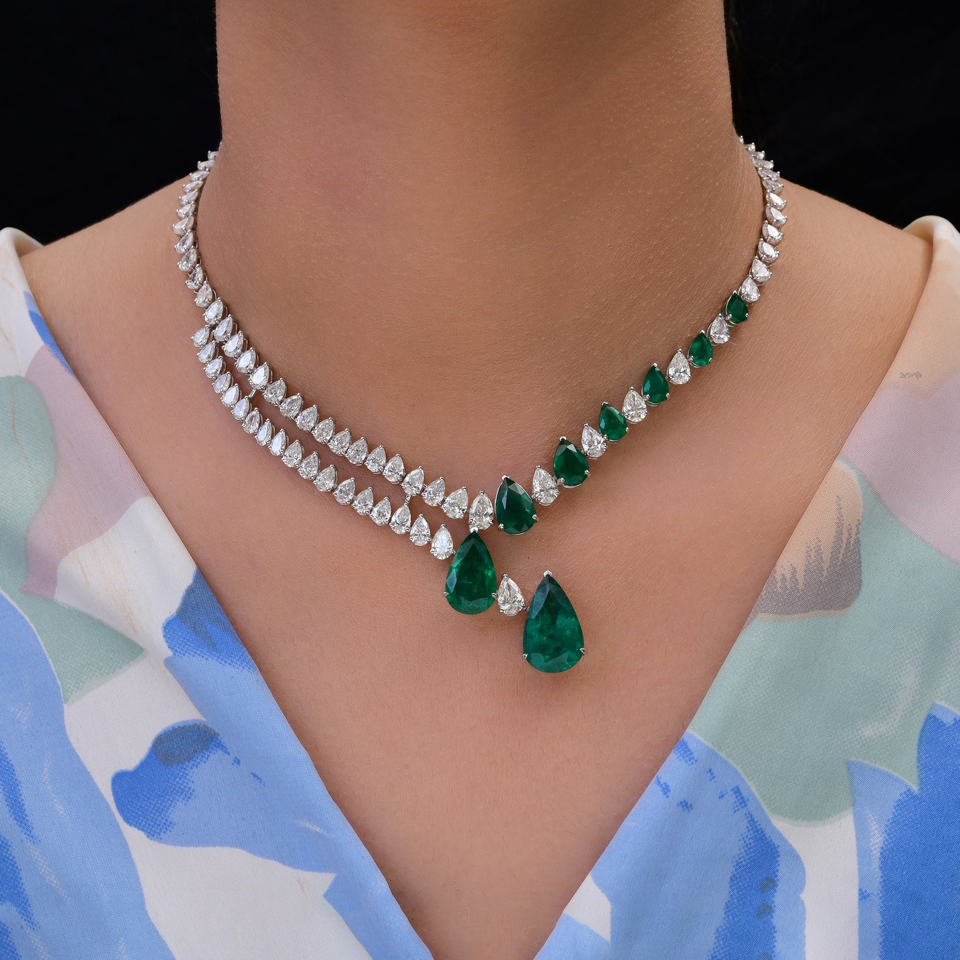 Pear Shape Emerald & Diamond Statement Necklace