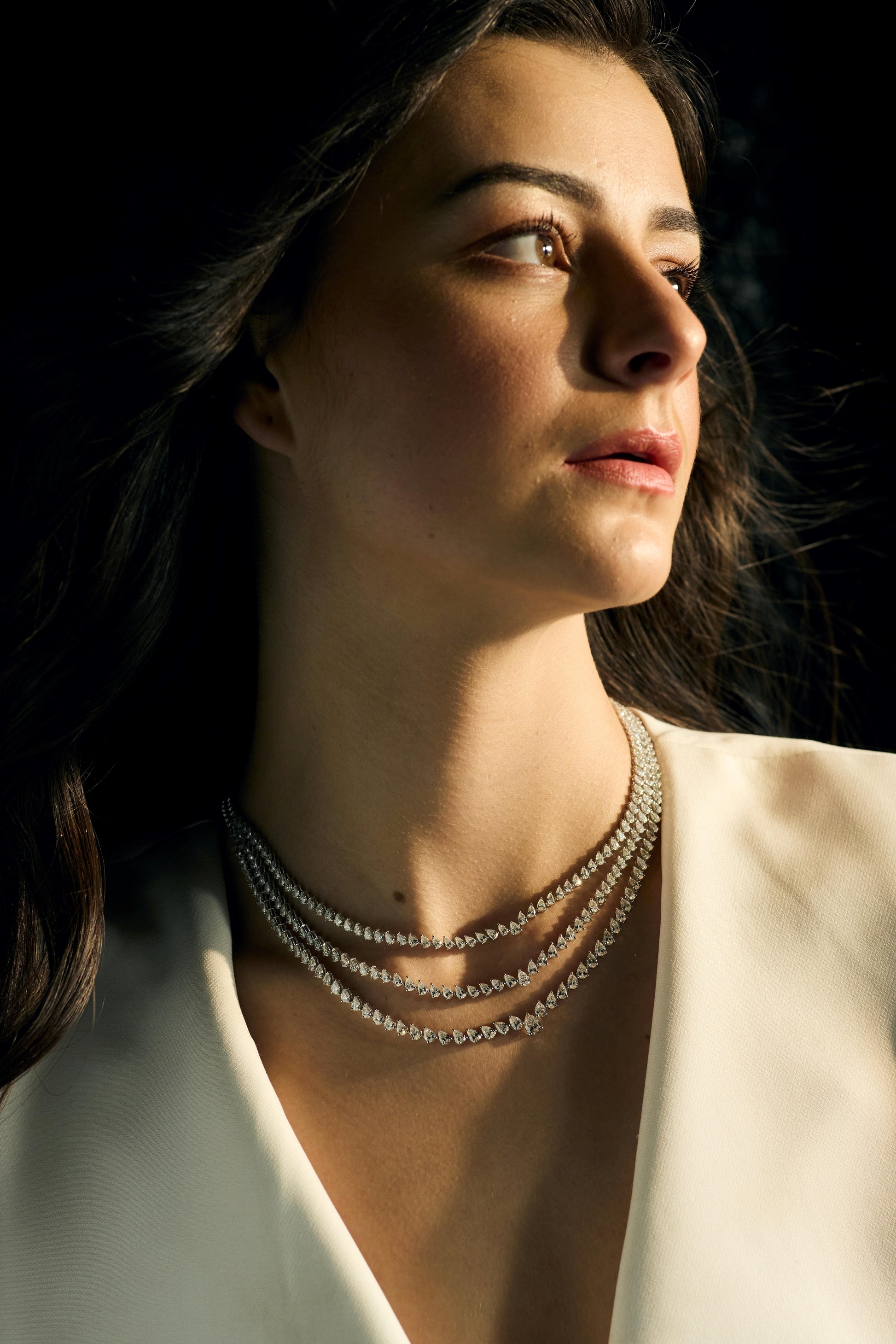 Handcrafted Triple Layer Natural Diamond Fine Gold Necklace