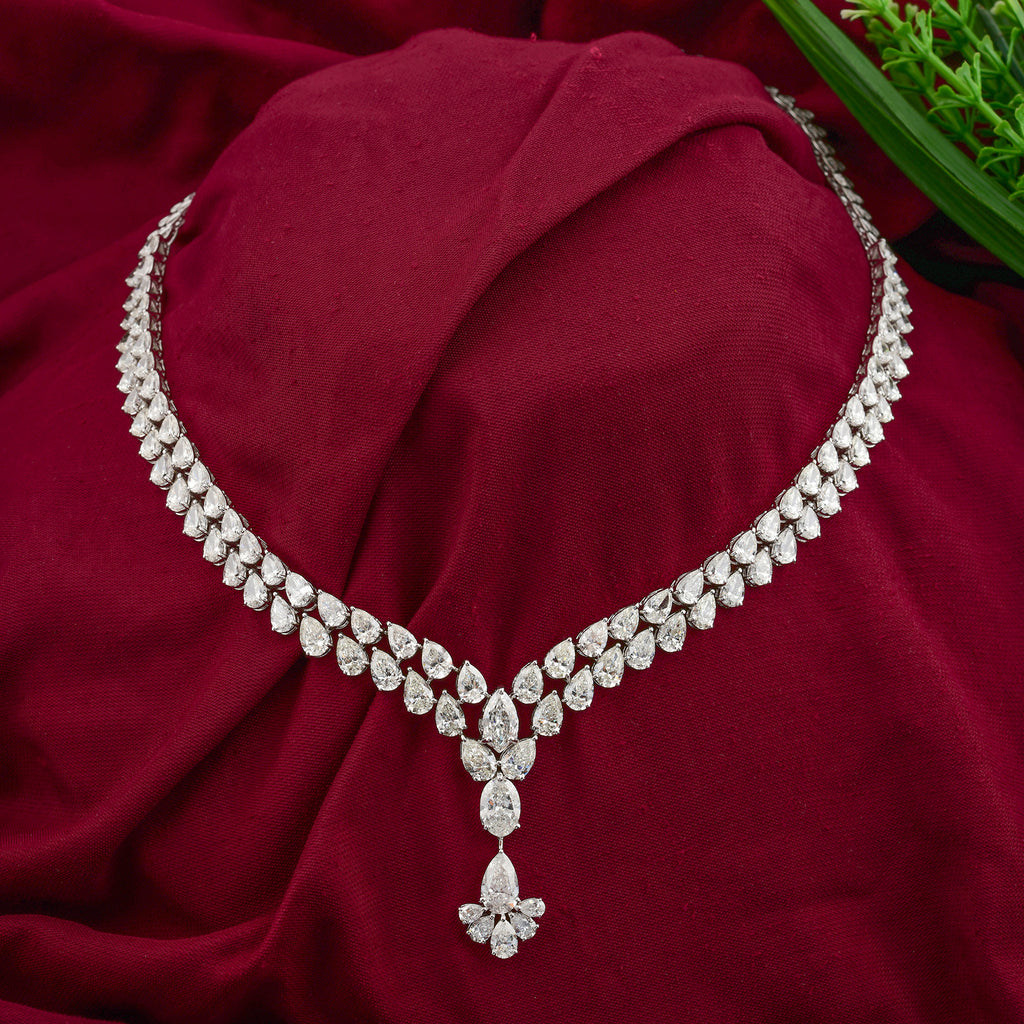 Exquisite 30.15 Ct Fine Gold Pear Cut Double Strand Diamond Drop Cluster Necklace