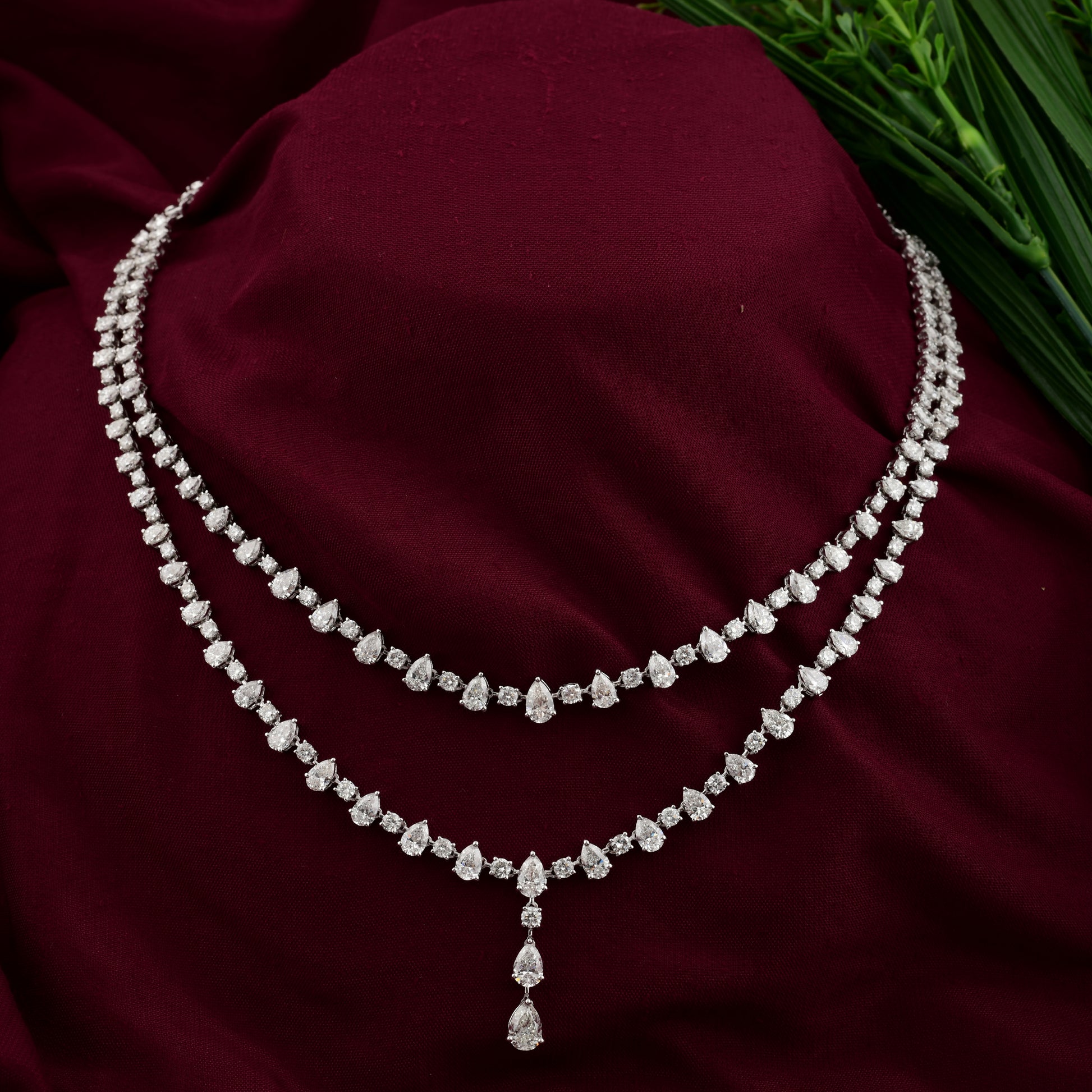Certified Double Layer Natural Diamond Necklace with Pear Drop Pendant