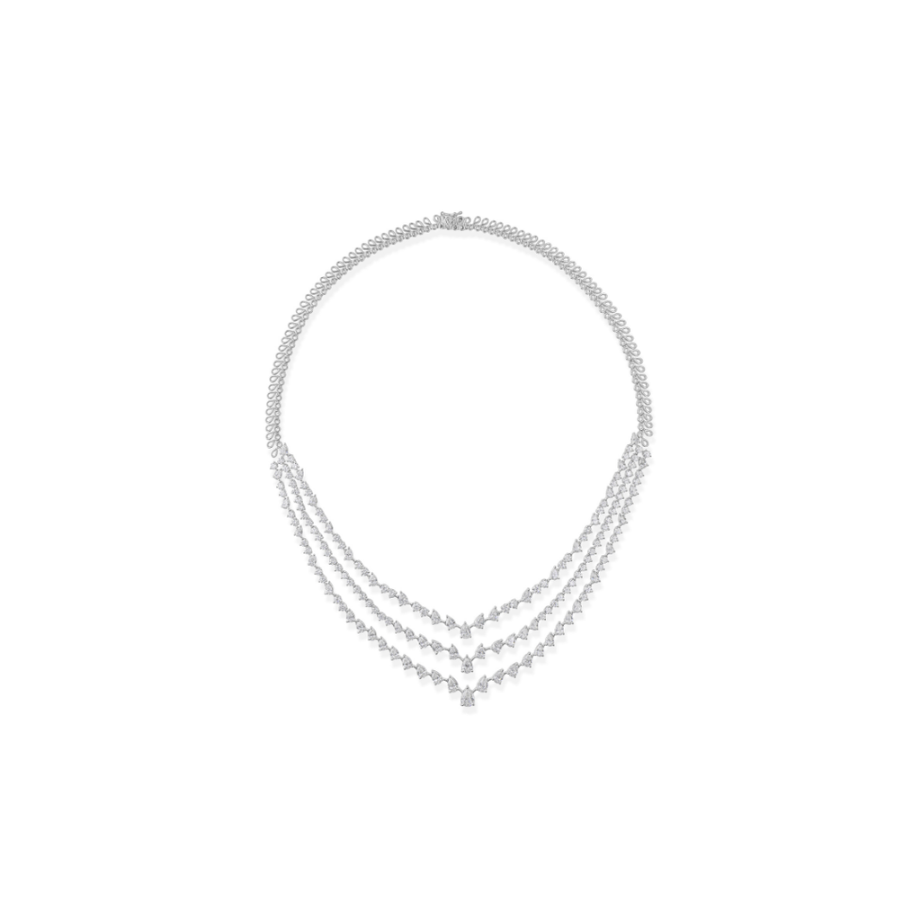 Three Strand Handcrafted Pear Cut Natural Diamond Fine Gold Necklace